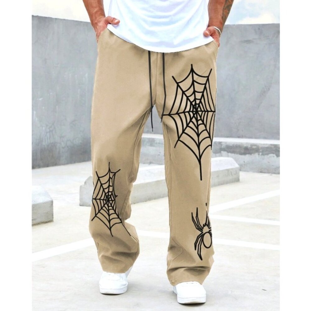 NEW Shein Manfinity Men Plus Loose-Fit, Spider Web Print Pants – Khaki, Size 2XL